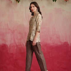 Printed Crop Top & Striped Pant Set with Jacket