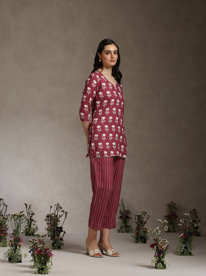 Floral Printed V-Neck Cotton Cord Set
