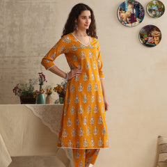 Khushal K Women Floral Printed Regular Pure Cotton Mustard Kurta & Palazzo With Dupatta