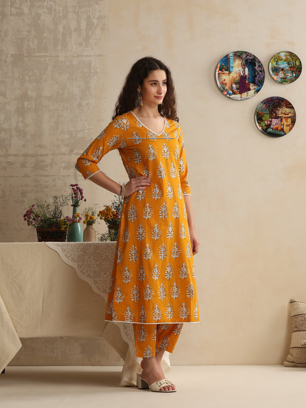 Khushal K Women Floral Printed Regular Pure Cotton Mustard Kurta & Palazzo With Dupatta