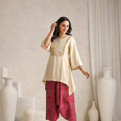 Cream Embroidered Cord Set with Bandhani Patiala
