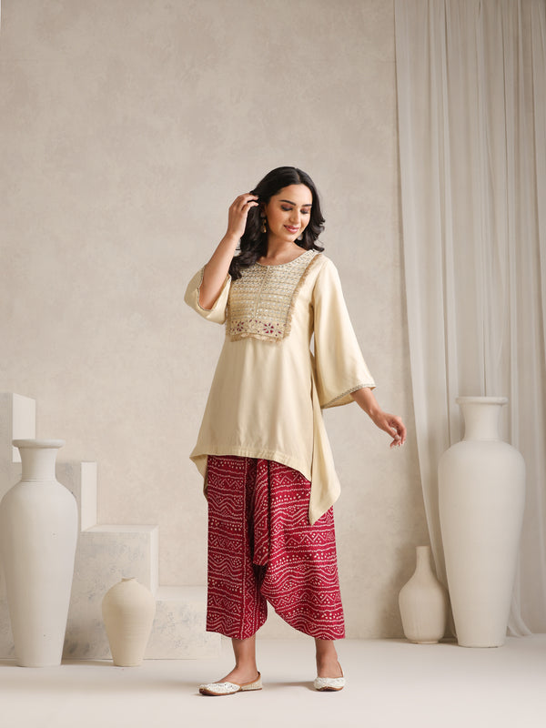 Cream Embroidered Cord Set with Bandhani Patiala