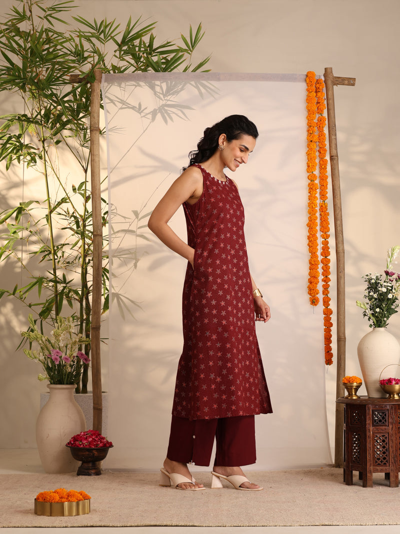 Khushal K Women Cotton kurta and palazzo with dupatta set - Maroon