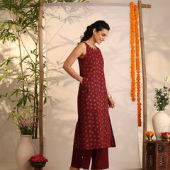 Khushal K Women Cotton kurta and palazzo with dupatta set - Maroon