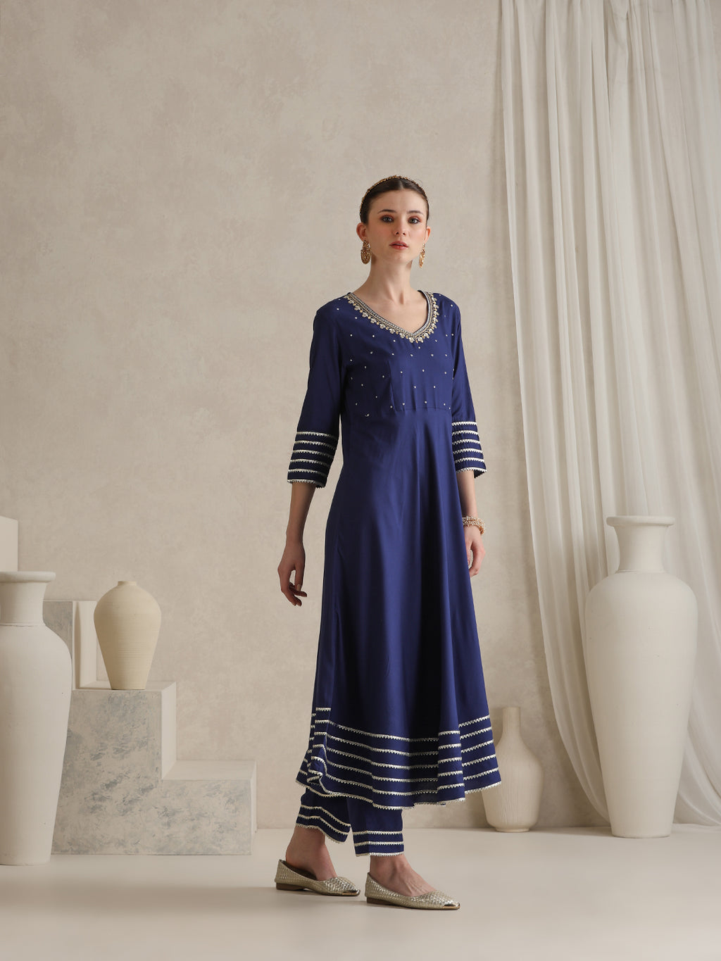 Floral Embroidered Gotta Patti V-Neck Anarkali Kurta With Palazzos & Dupatta