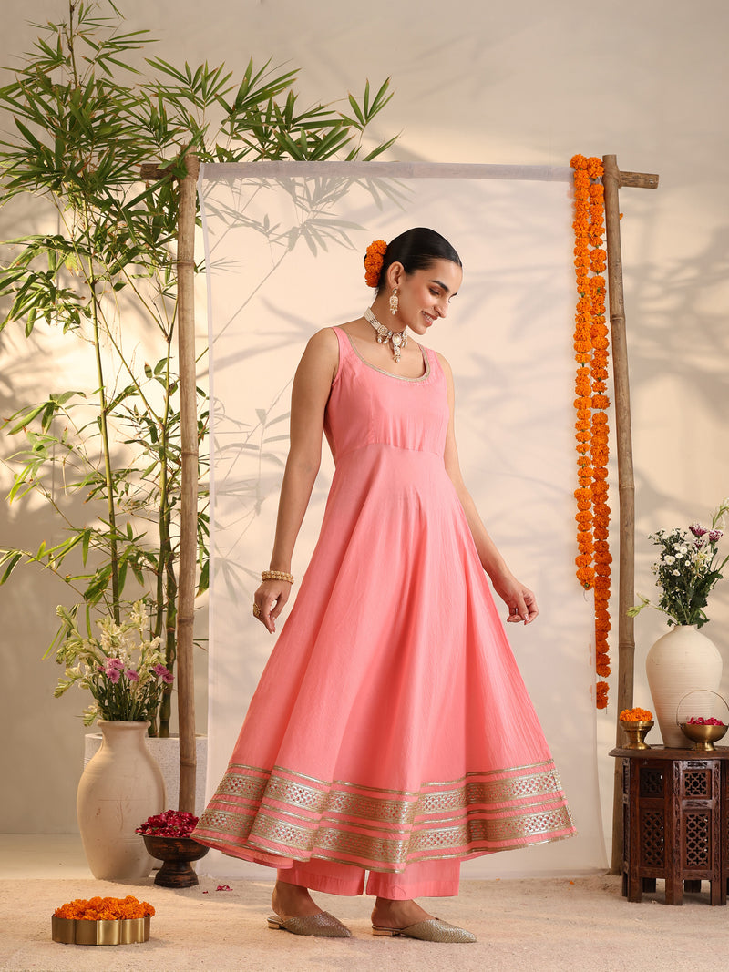 Khushal K Women Cotton Kurta and Palazzo With Dupatta Set - Pink
