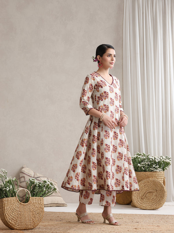 Floral Printed V-Neck Pure Cotton A-Line Kurta with Trousers And Dupatta