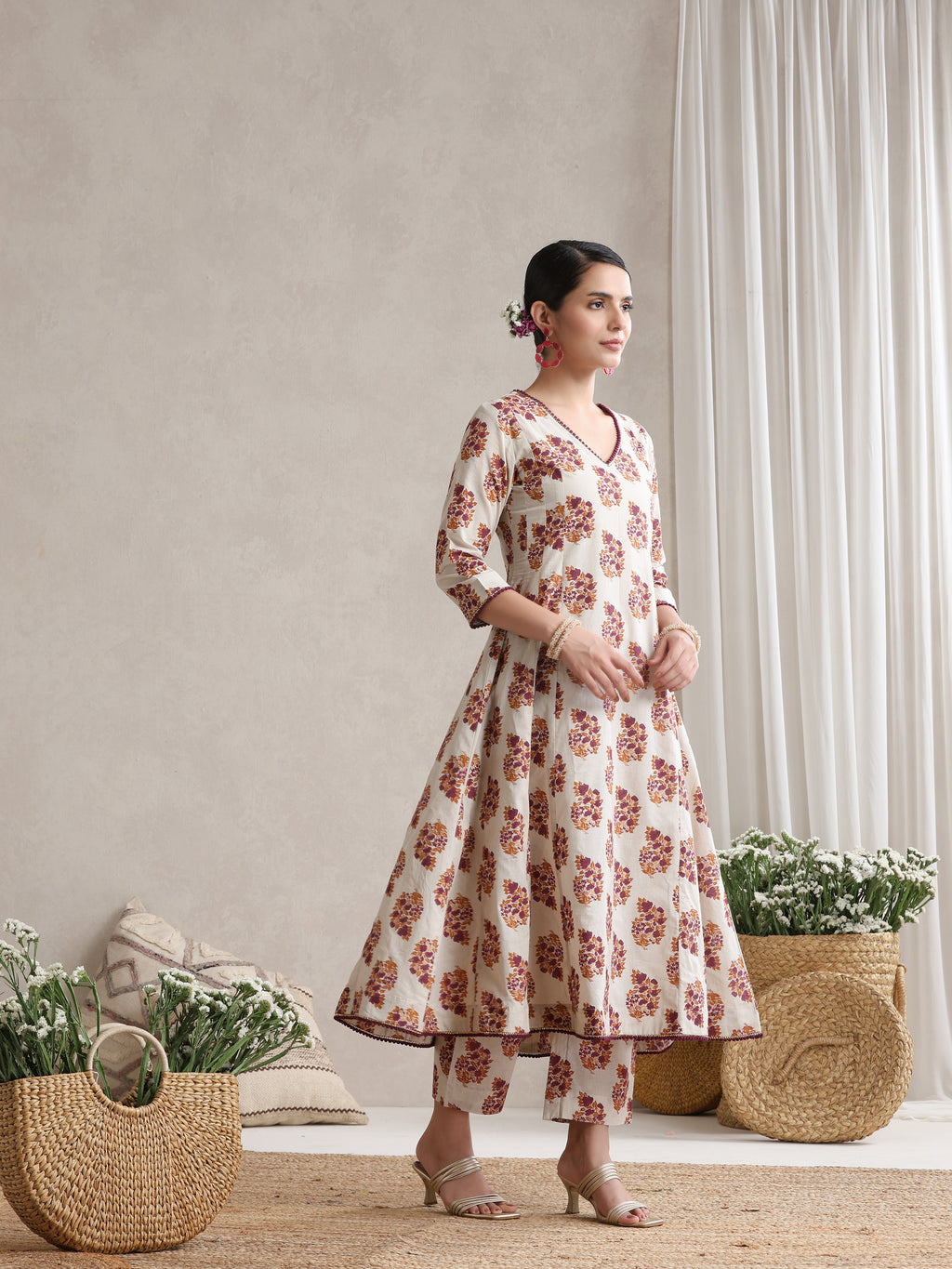 Floral Printed V-Neck Pure Cotton A-Line Kurta with Trousers And Dupatta