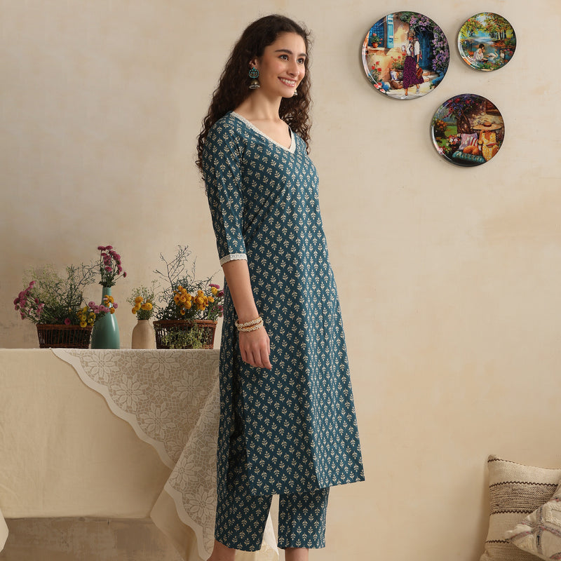 Women Floral Printed Regular Pure Cotton Kurta & Palazzo with Dupatta - Blue - Khushal K - Image 5