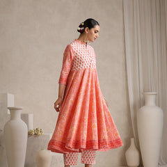 Floral Printed Mandarin Collar Pure Cotton Anarkali Kurta & Palazzos & Dupatta