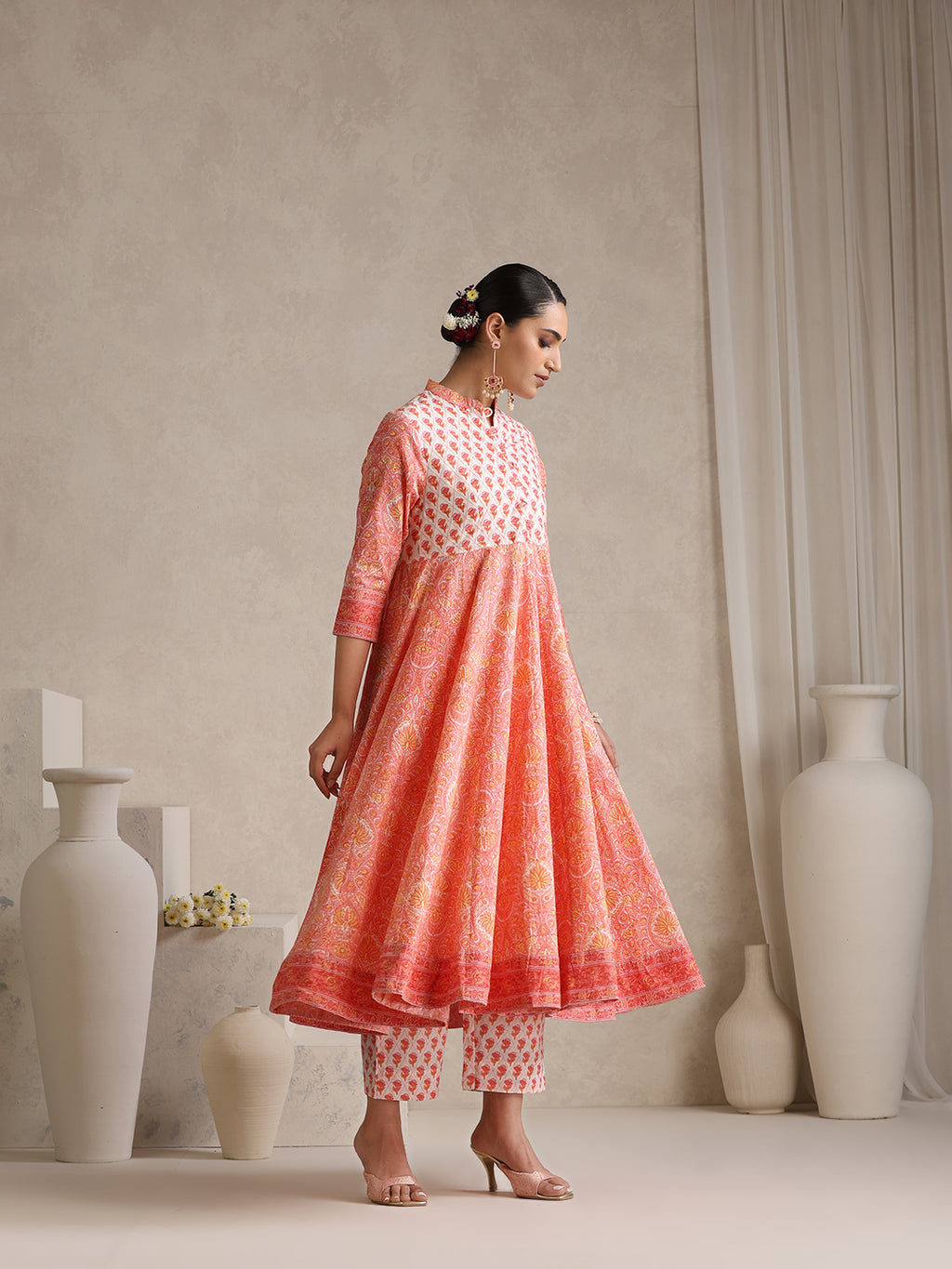 Floral Printed Mandarin Collar Pure Cotton Anarkali Kurta & Palazzos & Dupatta