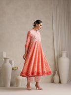 Floral Printed Mandarin Collar Pure Cotton Anarkali Kurta & Palazzos & Dupatta