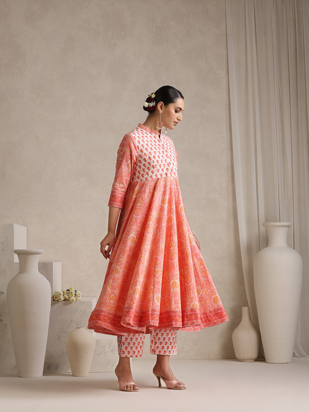 Floral Printed Mandarin Collar Pure Cotton Anarkali Kurta & Palazzos & Dupatta