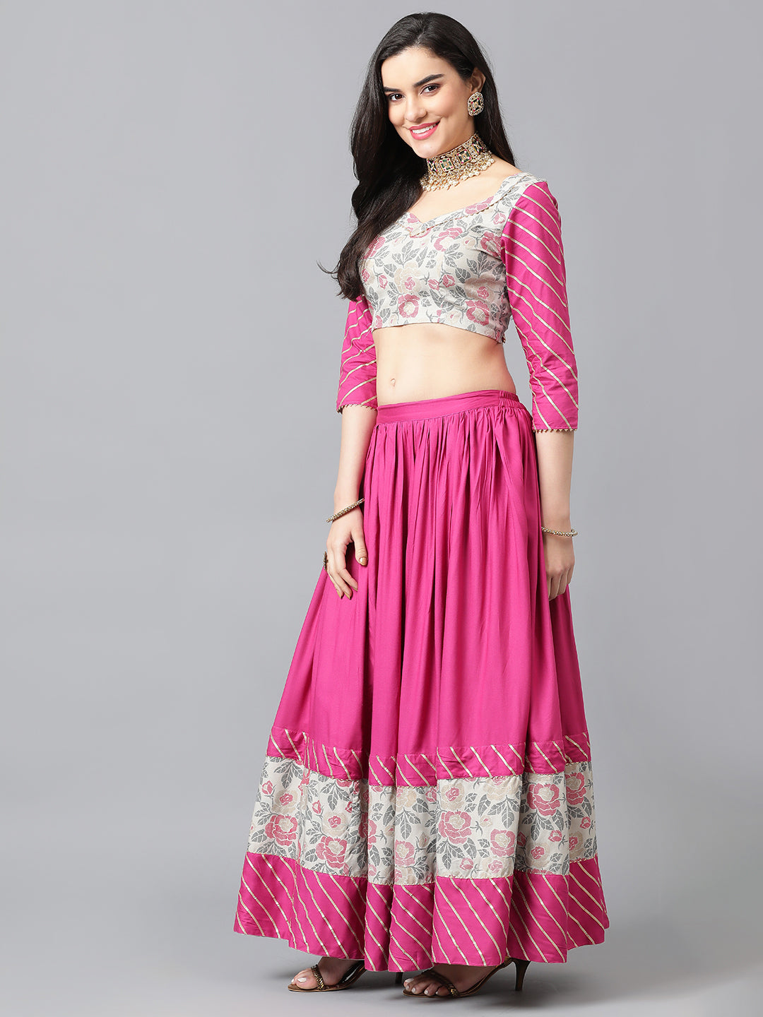 Floral Printed Gotta Patti Ready To Wear Lehenga & Blouse With Dupatta