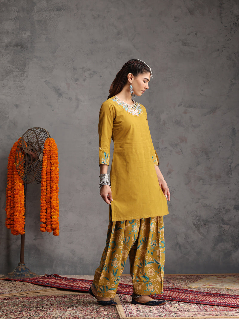 Khushal K Women Cotton Kurta Farsi Salwar Set - Mustard
