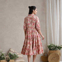 Women Floral Print Puff Sleeve A-Line Midi Dress