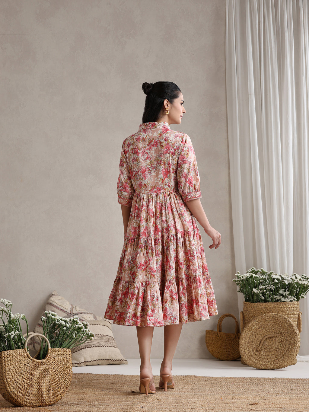 Women Floral Print Puff Sleeve A-Line Midi Dress