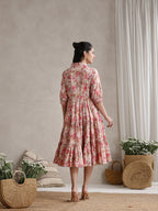 Women Floral Print Puff Sleeve A-Line Midi Dress