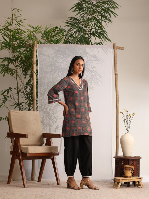 Khushal K Women Cotton kurti and Afghani Salwar with dupatta set - Black