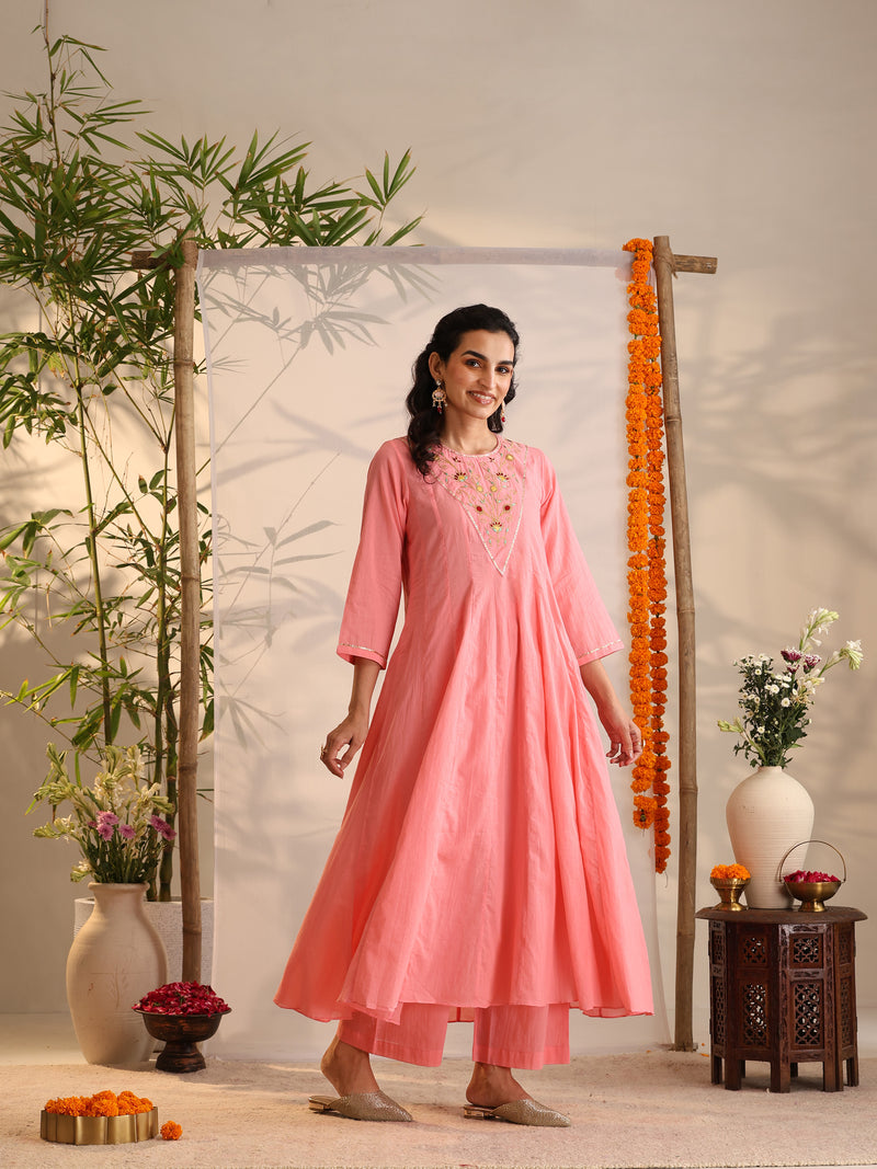 Khushal K Women Cotton Kurta and Palazzo With Dupatta Set - Pink