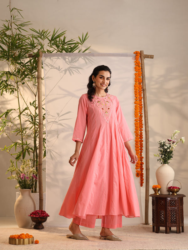 Khushal K Women Cotton Kurta and Palazzo With Dupatta Set - Pink