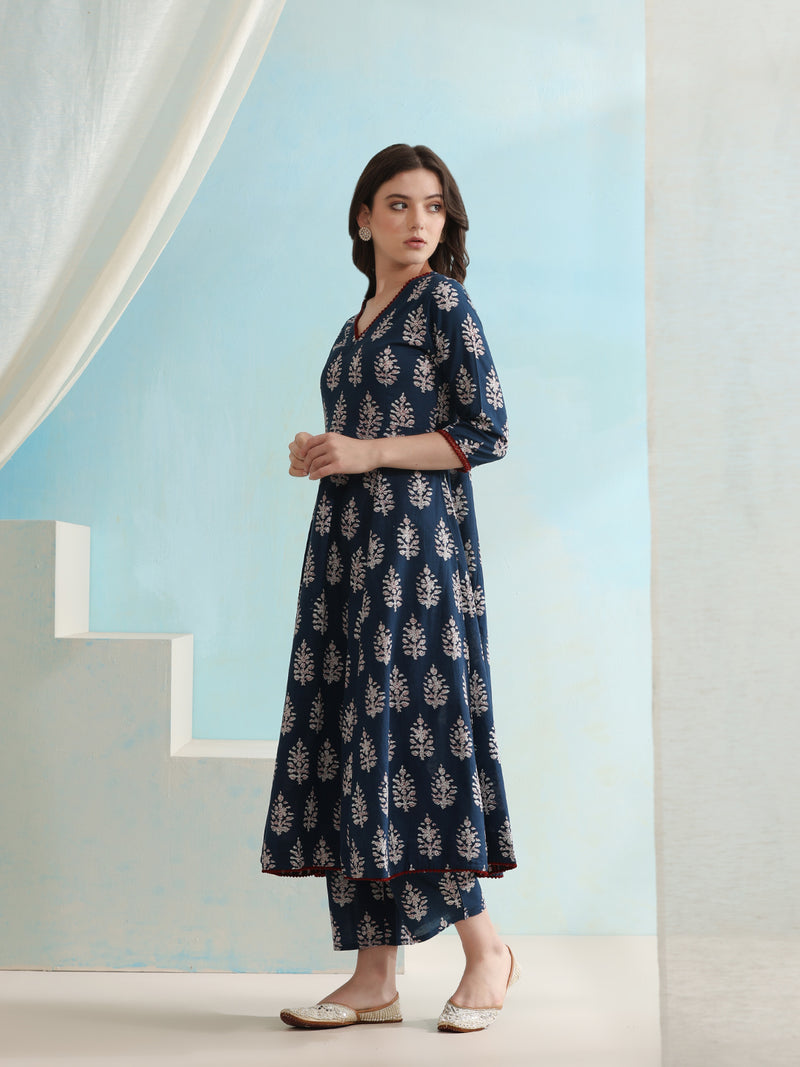 Khushal K Floral Printed V-Neck Pure Cotton Kurta set