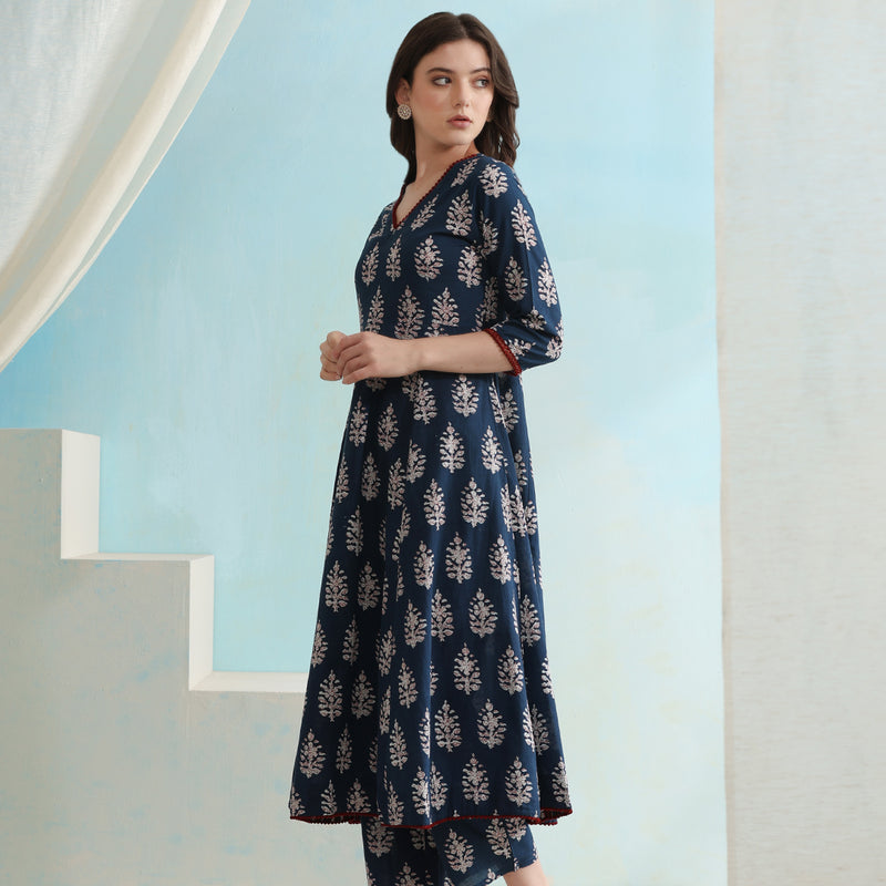 Ethnic Motifs Printed V-Neck Pure Cotton A-Line Kurta with Palazzos & Dupatta - Blue - Khushal K - Image 5