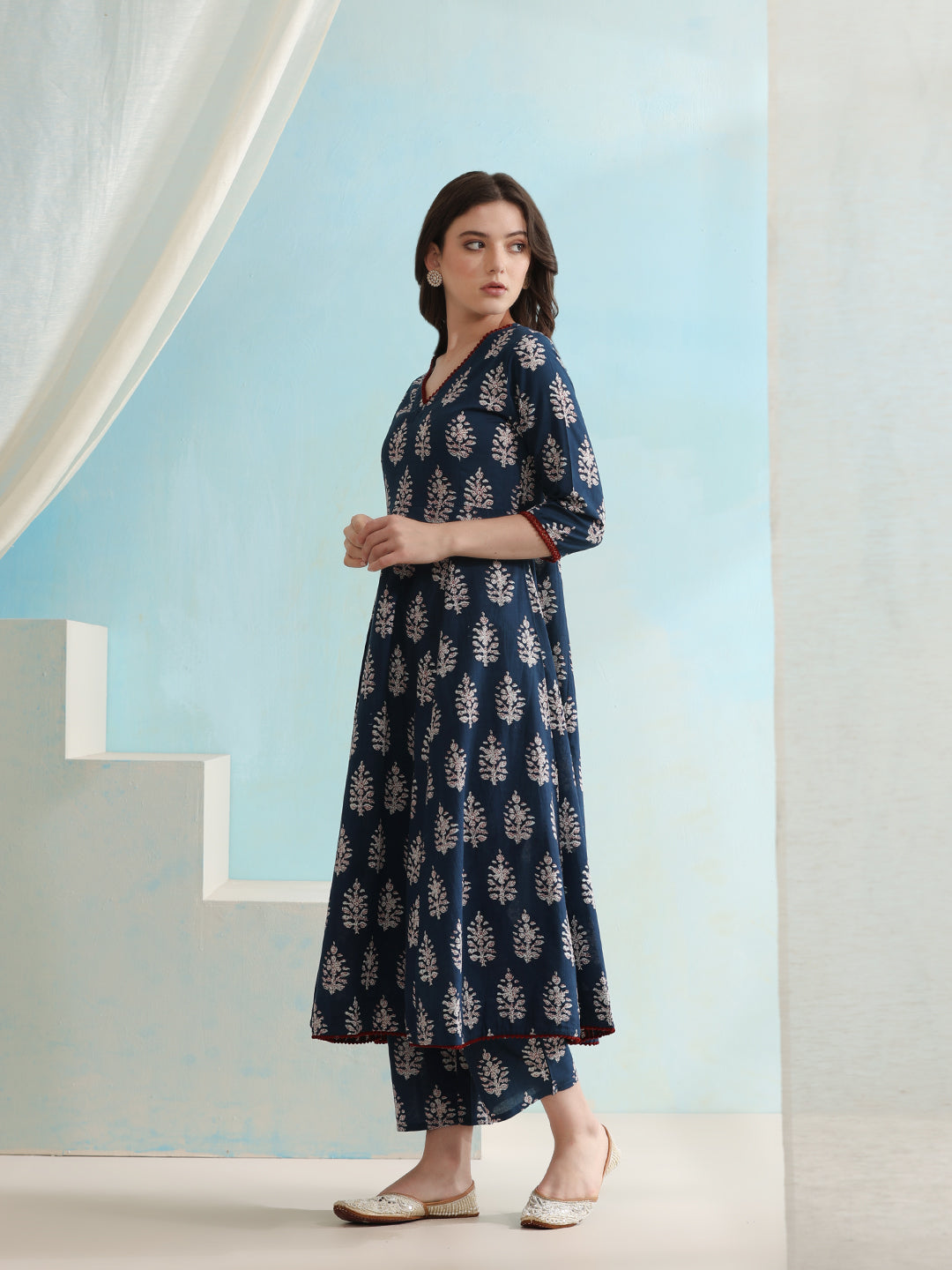 Ethnic Motifs Printed V-Neck Pure Cotton A-Line Kurta with Palazzos & Dupatta