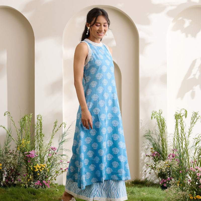 Women Cotton Kurta with Palazzo Set - Blue - Khushal K - Image 6