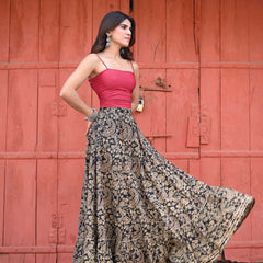 Khushal K Women's Black Printed Cotton Flared Maxi Skirt