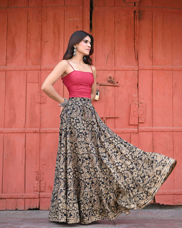 Khushal K Women's Black Printed Cotton Flared Maxi Skirt