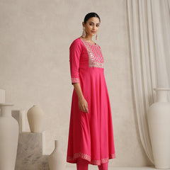 Floral Yoke Design V-Neck Thread Work A-Line Kurta With Trousers And Dupatta
