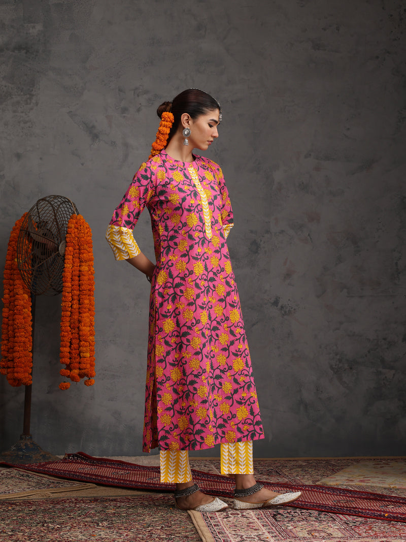 Khushal K Women Cotton Kurta Palazzo Dupatta Set - Pink