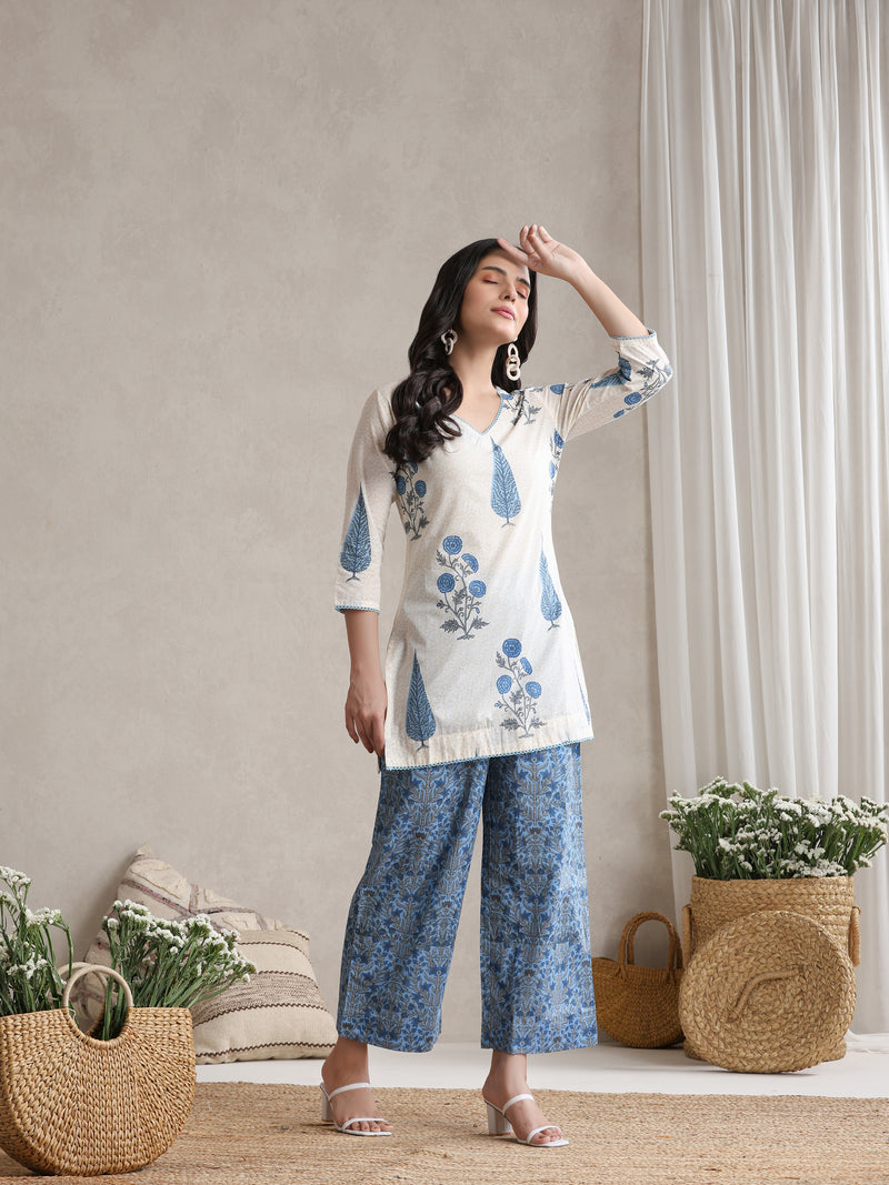 Floral Printed Cotton V-Neck Tunic With Palazzo Co-Ords