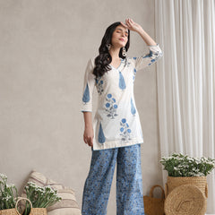Floral Printed Cotton V-Neck Tunic With Palazzo Co-Ords