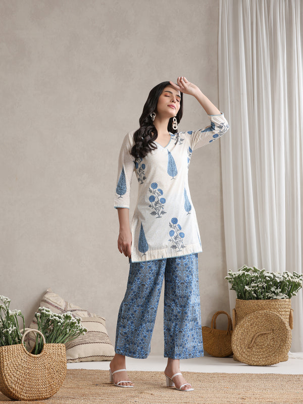Floral Printed Cotton V-Neck Tunic With Palazzo Co-Ords