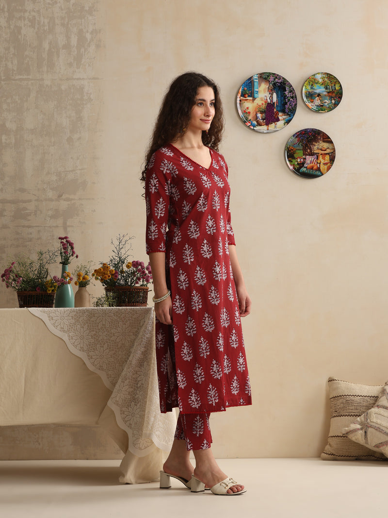 Khushal K Floral Printed V-Neck Pure Cotton Kurta set