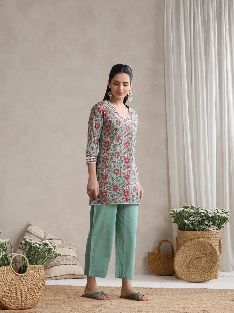 Floral Printed Cotton V-Neck Tunic With Trouser Co-Ords