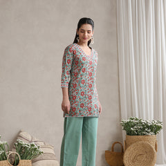 Floral Printed Cotton V-Neck Tunic With Trouser Co-Ords