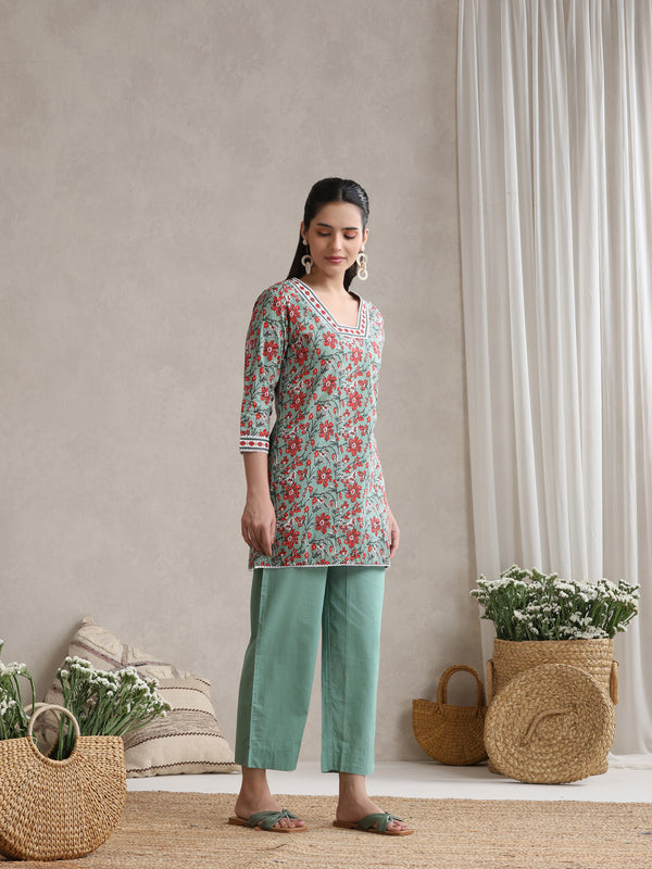 Floral Printed Cotton V-Neck Tunic With Trouser Co-Ords