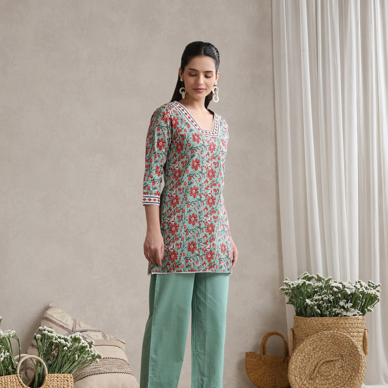 Floral Printed Cotton V-Neck Tunic with Trouser Co-Ords - Green - Khushal K - Image 5