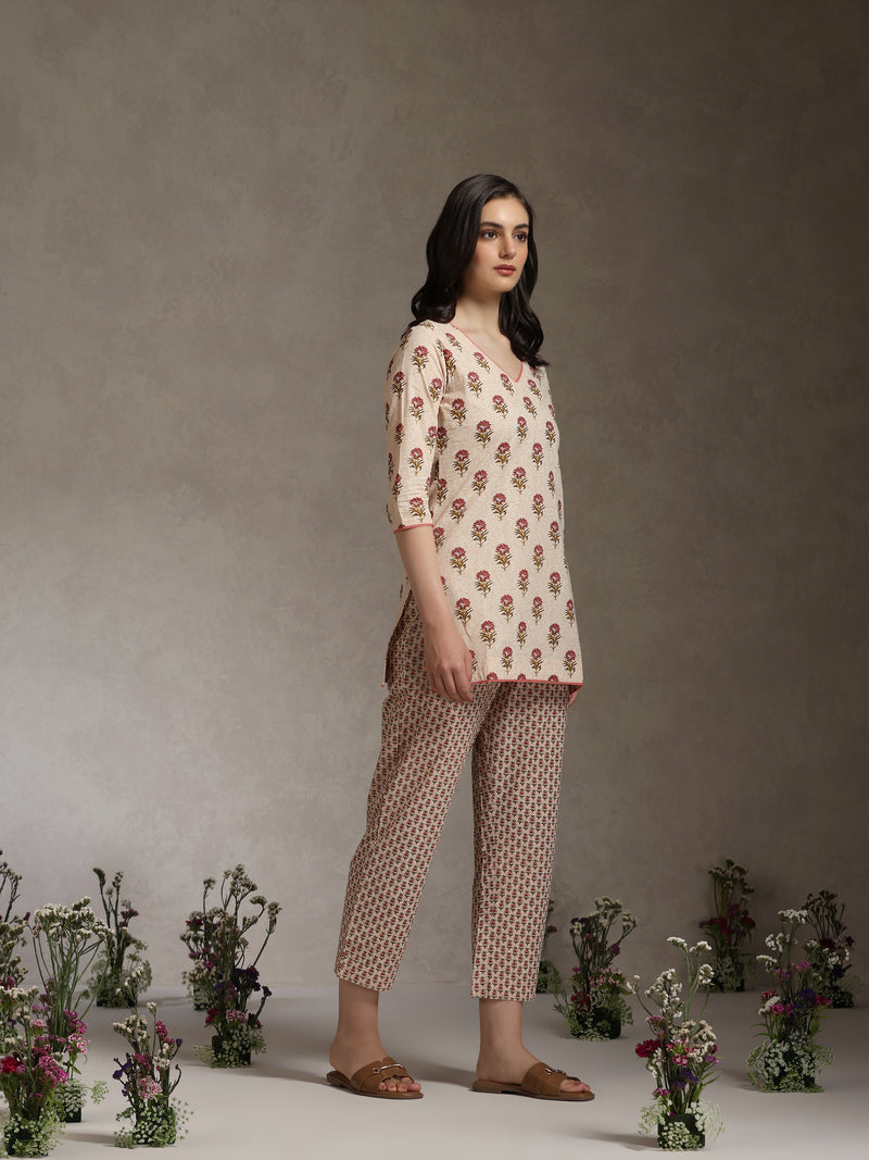 Floral Printed Cotton V-Neck Tunic With Trouser Co-Ords