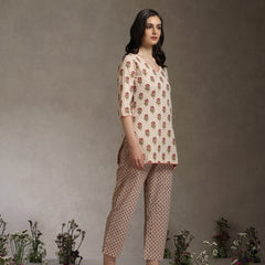 Floral Printed Cotton V-Neck Tunic With Trouser Co-Ords