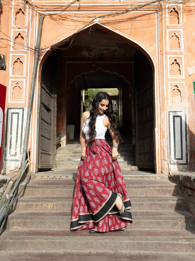 Khushal K Women's Maroon Printed Cotton Flared Maxi Skirt