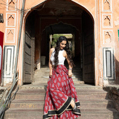 Khushal K Women's Maroon Printed Cotton Flared Maxi Skirt