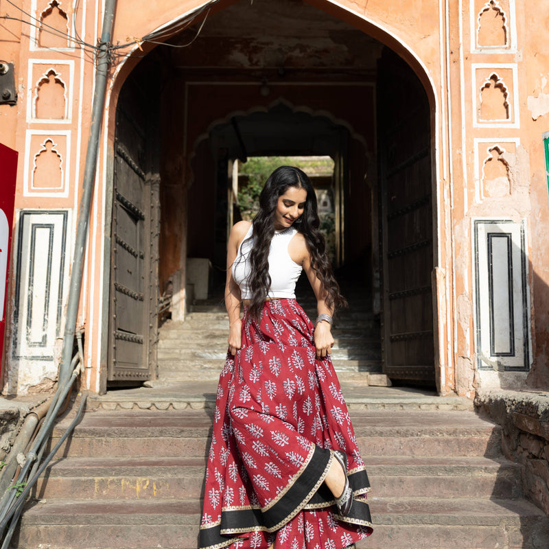 Khushal K Women's Maroon Printed Cotton Flared Maxi Skirt