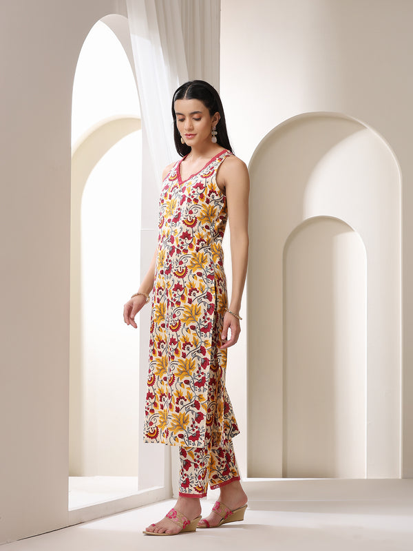 Khushal K Floral Printed V-Neck Pure Cotton Straight Kurta set