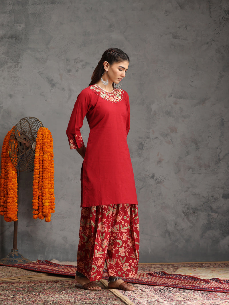 Khushal K Women Cotton Kurta Farsi Salwar Set - Maroon