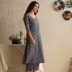 Khushal K Women Floral Printed Regular Pure Cotton Blue Kurta & Palazzo With Dupatta