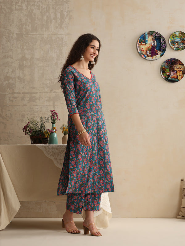 Khushal K Women Floral Printed Regular Pure Cotton Blue Kurta & Palazzo With Dupatta